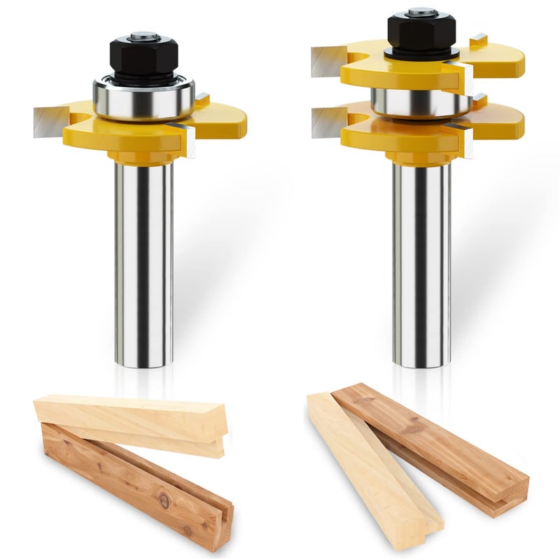 Helovmine Tongue and Groove Router Bits Tool Set with 1/2" Shank, 3 Teeth T Shape Wood Milling Cutter Woodworking Tool, 45 Degree Lock Miter Router Bit, 3/4" Cutting Height Joint Router Bits - Image 1
